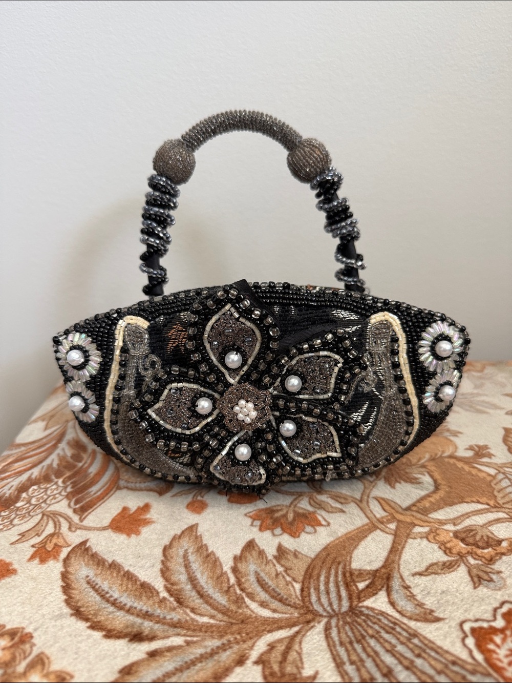 Vintage Mary Frances Style Beaded Floral Evening Bag Black Silver Pearl